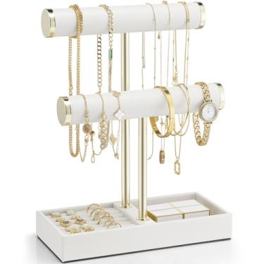 Imagem de Vlando Suporte de pulseira de 2 camadas com bandeja - Organizador de joias de couro para mulheres - expositor de joias para colar, relógios, anéis, brincos, pulseira, scrunchie - branco