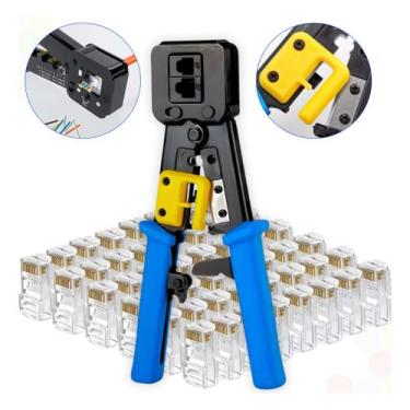 Imagem de Alicate Crimpar Cabo Rede + 100 Conectores Rj45 Vazado Cat6e - Melhor 