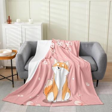 Imagem de Feelyou Cobertor fofo de lã de flanela Corgi para bebês 76 x 101 cm, cobertor felpudo com flores de cerejeira, estampa de animal kawaii, estampa de animal Sakura, cobertor de pelúcia estilo japonês