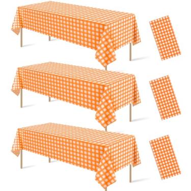 Imagem de Denwiller 3 peças de decoração de toalha de mesa laranja guingão, toalha de mesa xadrez de plástico descartável, laranja e branco, capa de mesa xadrez búfalo para outono de Ação de Graças, artigos de