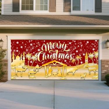 Imagem de Decorações de porta de garagem de Natal de 4,6 x 1,8 m Jesus vermelho é a razão pela qual o cenário de fundo da estação foto cena da noite sagrada grande capa de porta de garagem suspensa decorações