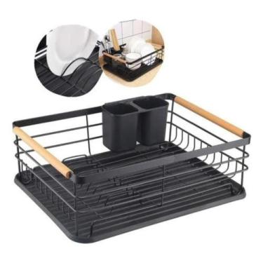 Imagem de Escorredor de Louças Com Bandeja em Aço Preto e Madeira 42,5x30x14,5cm