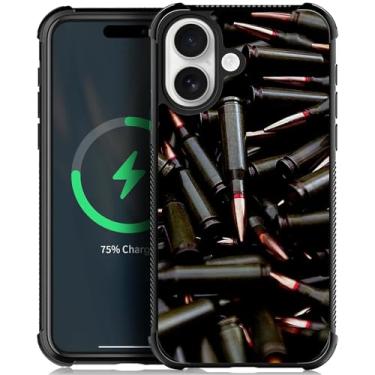 Imagem de ZHEGAILIAN Capa compatível com iPhone 16-5G, parte traseira de vidro temperado + silicone macio TPU proteção contra choque - AK 47 metralhadora munição