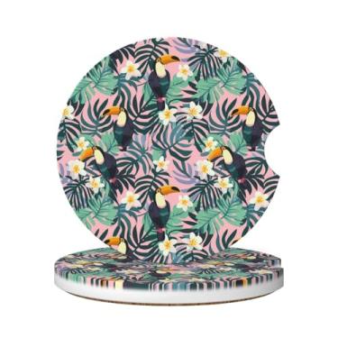 Imagem de Neukim Pacote com 2 porta-copos para copos de carro, flores de palmeira, pássaros, tucano, tropical, folha de palmeira, porta-copos, absorvente de cerâmica antiderrapante de 6 cm com base de cortiça e
