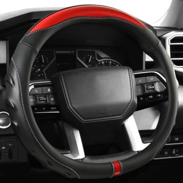 Imagem de Capas de volante de carro ajuste universal Sedan SUV, couro napa esportivo fibra de carbono massagem aderência, antiderrapante para homens e mulheres, vermelho