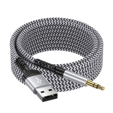 Imagem de Cabo auxiliar USB A para conector de 3,5 mm, USB macho de 3 m para cabo auxiliar de áudio macho de 3,5 mm, TRS, estéreo, nylon, trançado, para fones de ouvido, alto-falante, PC, laptop, PS5, PS4