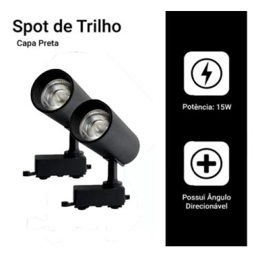 Imagem de Kit 2 Luminária Preto Trilho Spot Led 15W 3500K Branco Quente - AAAtop