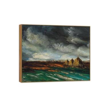 Imagem de Pôster e impressões de arte famosa da paisagem - Imagem de decoração de parede em tela - Palheiros sob céu tempestuoso - pintura de moldura de madeira para casa 60 x 75 cm 24 x 29 pol