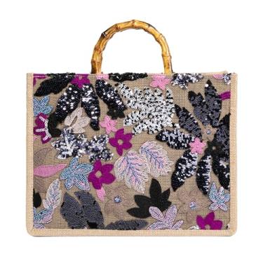 Imagem de Abvokury Bolsa de mão floral bordada com alça de bambu para festa de casamento, Preto