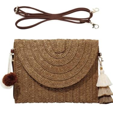 Imagem de ZAGQIG Bolsa clutch de palha feminina feita à mão com pingente de borla de palha bolsa tiracolo bolsa de ombro envelope de praia de verão (marrom)