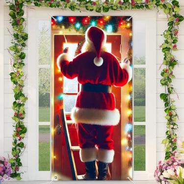 Imagem de BlissYard Banner para porta de Natal de Papai Noel, decoração de Natal de 99 x 189 cm, com vista traseira, Papai Noel com escada e para entrada interna e externa, placa de varanda de boas-vindas de