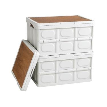 Imagem de Caixa media Organizadora Dobrável com Tampa Integrada | Organizadora de Armário | Grande Capacidade 27L, Plástico PP e Tampa de Madeira Mesa e Banquinho para Camping e Festas