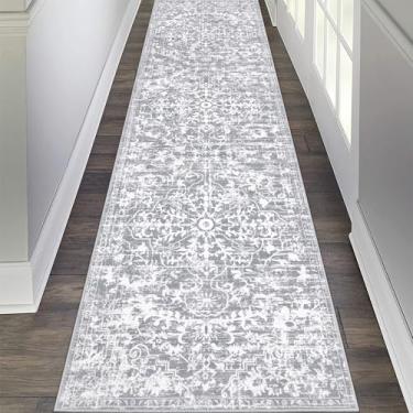 Imagem de Tapete passadeira para hall de entrada Pauwer 0,6 x 2,4 m, lavável, antiderrapante, boêmio, casa de fazenda, vintage, para cozinha, entrada, lavanderia, quarto, banheiro, cinza e branco