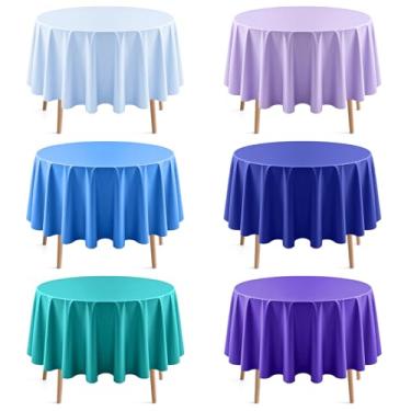 Imagem de 6 peças de toalha de mesa redonda azul e roxa, 213 cm de cor sólida, à prova d'água e à prova de derramamento, toalha de mesa de plástico descartável durável para jantar, buffet, piquenique, eventos