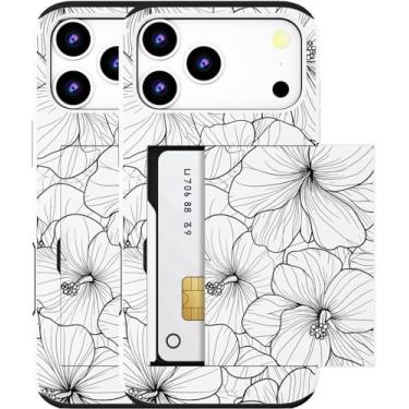 Imagem de MUQR Capa para celular 17 Pro Max compatível com porta-cartão fofo - Capa tipo carteira robusta com design Kawaii, proteção contra quedas de grau militar (branco e preto hibisco)