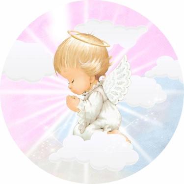 Imagem de Painel em Lona Redondo Anjinho Rezando Luzes Azuis e Rosa - Fabrika De