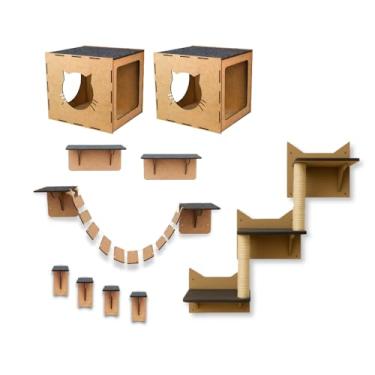 Imagem de BOXFAN Kit Parquinho para Gatos 10 Peças Playground Completo com Toca Casinha Arranhador Escalada Degraus Prateleiras MDF Reforçado - Estímulo, Conforto e Diversão para Seu Felino