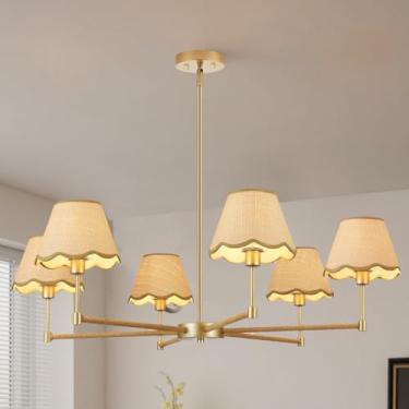 Imagem de Lustre de vime grande, lustres boho para luminária de sala de jantar, 6 luzes pingente de vime ajustável lâmpada pendente rústica costeira moderna dourada para ilha de cozinha, sala de estar