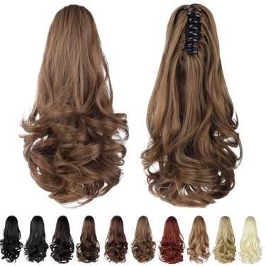 Imagem de HEWEICSY Extensão de rabo de cavalo, rabo de cavalo com clipe para mulheres, clipe de garra de 35,5 cm em extensão de cabelo de pônei ondulado curto encaracolado para mulheres - marrom dourado claro