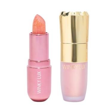 Imagem de Winky Lux Duo de bálsamo brilhante de opala rosa e iluminador líquido – protetor labial com pH que muda de cor e iluminador radiante, óleo de jojoba, ceramidas, óleo de calêndula e extrato de prímula