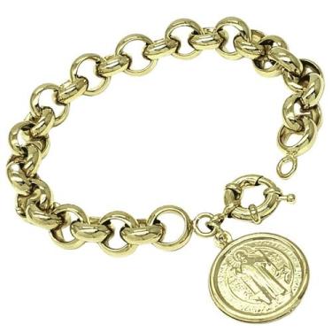 Imagem de Pulseira Elos Portugueses 11mm Medalha São Bento Banho Ouro 18k 1797E 