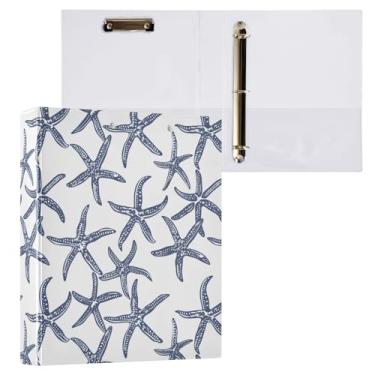 Imagem de Fichário de 3 anéis com estampa de estrela-do-mar azul marinho de 3,8 cm com prancheta e 3 bolsos transparentes, comporta 200 folhas de papel tamanho A4 fichários à prova d'água para escola