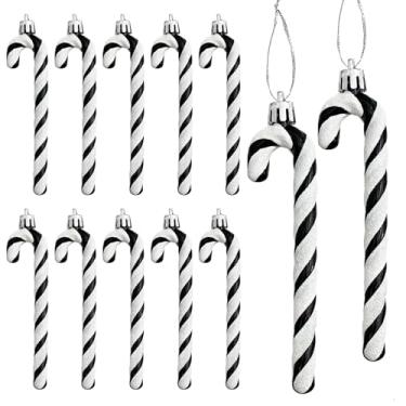 Imagem de DAHI 12 peças de enfeites de bengala de doces de Natal com glitter para decoração de árvore de Natal, enfeite de pendurar para artesanato de Natal, decoração interna e externa (preto)