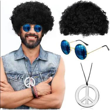 Imagem de Peruca Hippie Afro Retrô colar e óculos festa anos 50 60 70