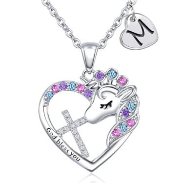 Imagem de Colar com cruz de unicórnio para meninas – Colar colorido com coração de zircônia cúbica e unicórnio, presente de aniversário, batismo, Natal para meninas e adolescentes, 16”+2”, Latão Zircônia cúbica