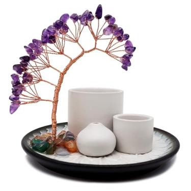 Imagem de Suporte para queimador de incenso 5 em 1 com árvore de cura de cristal, suporte de palo santo, suporte de sálvia, suporte de incenso para bastões/cones/velas, bandeja de cerâmica para queimar incenso