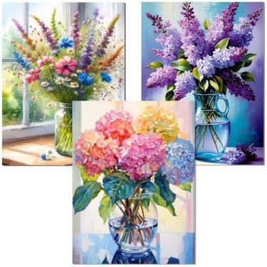 Imagem de Axquilon 3 pacotes de kit de pintura de flores por números para adultos - kits de pintura por números para adultos em tela, kits fáceis de pintar por número para adultos para decoração de parede de
