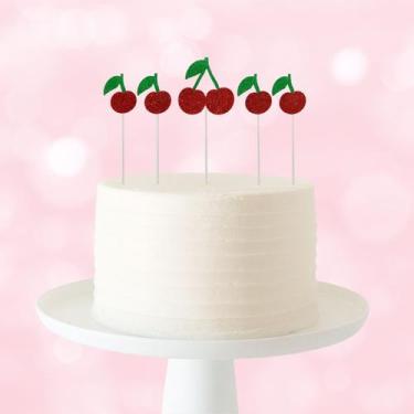 Imagem de Topo de Bolo Festa Cereja Cerejinha EVA Glitter 5 Palitos 15cm Vivarte