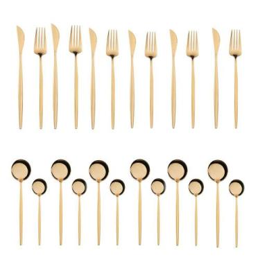 Imagem de Jogo de Talheres 24 Peças Conjunto Luxo Dourado Colher Garfo Faca Jant