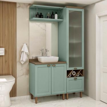 Imagem de Conjunto de Banheiro Modulado 100% Mdf Americano 3 Peças com Armário de Vidro Iluminata Verde Mint/Ébano Fosco