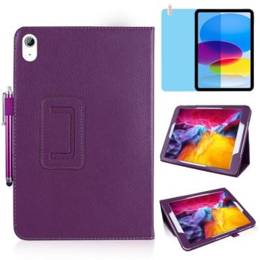 Imagem de Capa de couro fina para iPad 10ª geração 10,9 polegadas versão 2022, suporte multiângulo, capa protetora completa para tablet com caneta Stylus, película de tela (roxa)