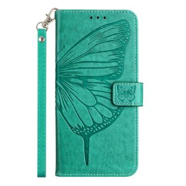 Imagem de Capa carteira para Google Pixel 9 Pro XL, capa flip de couro de borboleta e flor em relevo com suporte para cartão, com alça de pulso capa protetora para iPhone 16 (verde)