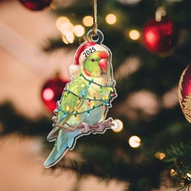 Imagem de Enfeite de Natal de periquito 2025, pássaro tropical (plano 2D) 9,5 cm, enfeite de acrílico de dupla face, presente para amantes de periquitos, amantes de animais de estimação, enfeite de Natal para