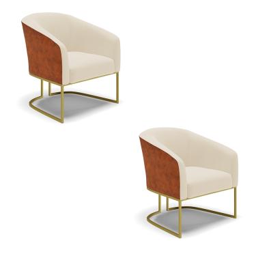 Imagem de Poltrona Decorativa Industrial Dourado Kit 2 Stella Nozes/Linho Bege D03 - DRossi