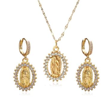 Imagem de MALOYANVE Conjunto de colar de brincos de Virgem Maria para mulheres, elegante, banhado a ouro, conjunto de joias religiosas com strass cintilantes, ideal para uso diário e confirmação de fé
