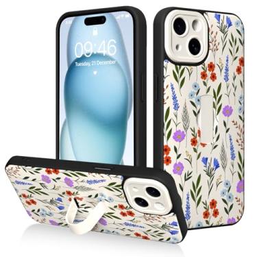 Imagem de AIGOMARA Capa para iPhone 15 com alça de dedo, design de estampa floral fofa para mulheres e meninas, capa protetora à prova de choque com suporte de mão antiarranhões, branca