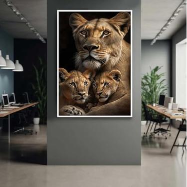 Imagem de Kit quadro decorativo 70x90 cm a Leoa 2 Filhotes Decorativo Grande Sala Quarto Hall Escritório Cozinha