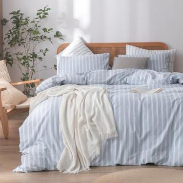 Imagem de BESTOUCH Conjunto de capa de edredom 100% algodão lavado, linho, super macio, confortável, chique, leve, 3 peças, conjunto de cama para casa centáurea azul e listras brancas king
