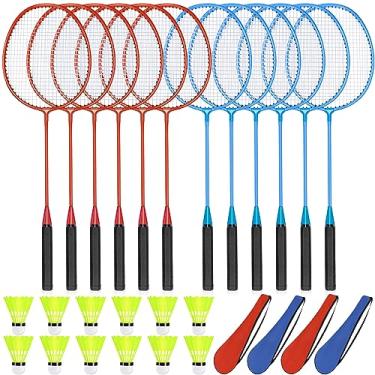 Imagem de Chitidr Conjunto de 12 raquetes de badminton, incluindo 12 raquetes, 12 petecas de nylon, 3 bolsas de transporte para iniciantes em jogos de quintal ao ar livre (vermelho, azul)