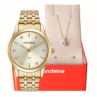 Imagem de Relógio Feminino Mondaine Dourado Pequeno 32610LPMKDE1K1 + Colar e Bri