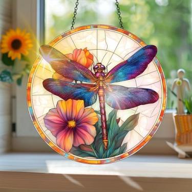 Imagem de Acrílico colorido Suncatcher, apanhador de sol estilo vitral impresso libélula com reflexos de arco-íris, decoração de janela suspensa, decoração de parede, enfeites de Natal, uso interno e externo