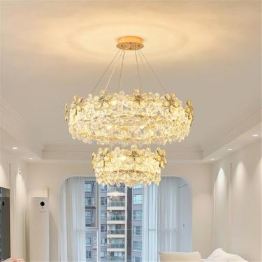 Imagem de Lustre moderno e luxuoso com pingente de cristal em formato de pétala, LED, ideal para decoração de sala de estar, restaurante, bar, balcão, quarto, casa ou escada (B 2 anéis D80CM)