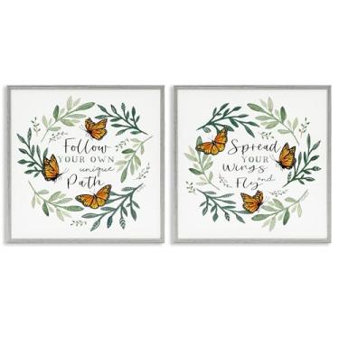Imagem de Stupell Industries Spread Your Wings and Follow Path Conjunto de arte giclée emoldurado cinza de 2 peças, design de Elizabeth Tyndall, 12 x 12