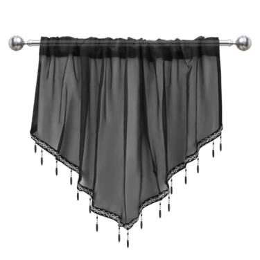 Imagem de Cortina de saia transparente triângulo com contas para janelas, sanefas de janela com bolso de haste com acabamento de borla, cortinas de voile curto para sala de estar, quarto, cozinha (preta, 129,8
