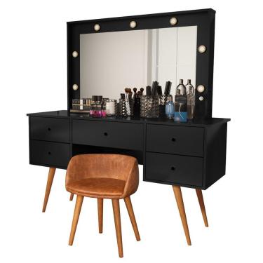 Imagem de Penteadeira Camarim Com Espelho Led 5 Gavetas Banqueta Inclusa Courino Pé Madeira Preto