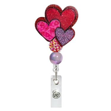 Imagem de Cordão retrátil para carretel de crachá de dia dos namorados com clipe retrátil com lindo coração vermelho roxo rosa brilhante design com contas para enfermeiras CNA CMA enfermagem acessórios para